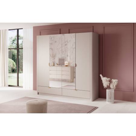 Szafa z lustrem beżowa 213 cm ryflowane fronty zaokrąglone boki LANETT